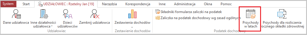 WAPRO Kaper. Główne menu programu, polecenie: Przychody w latach