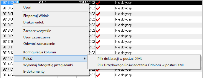 WAPRO Kaper. Menu podręczne, pokaż e-deklarację w postaci XML oraz UPO w postaci XML
