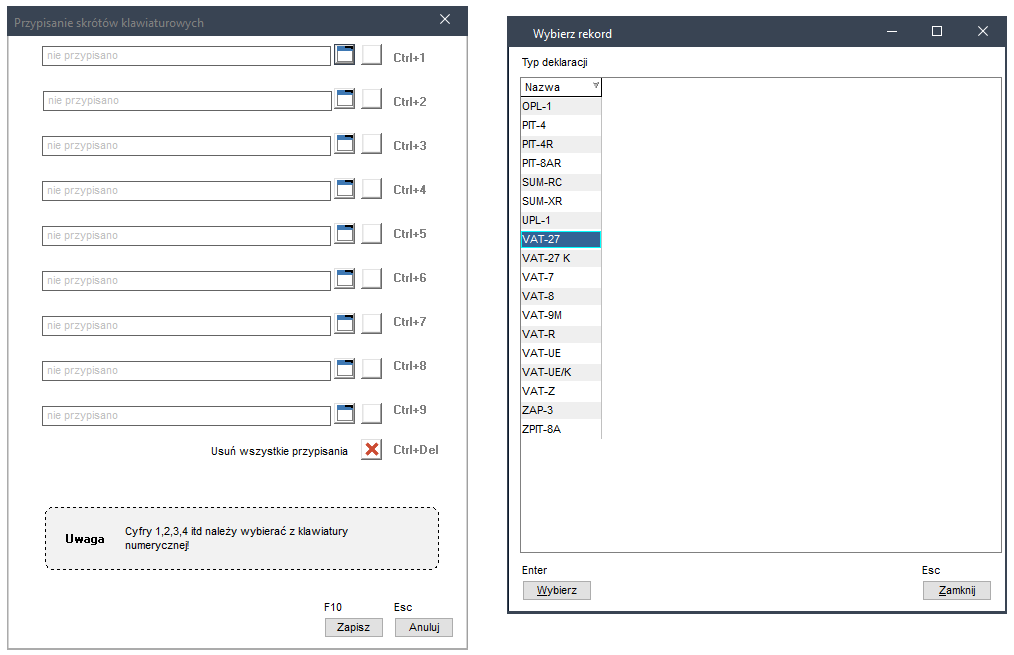 WAPRO Kaper. Przypisywanie skrótów klawiszowych do wybierania e-deklaracji z listy (1)