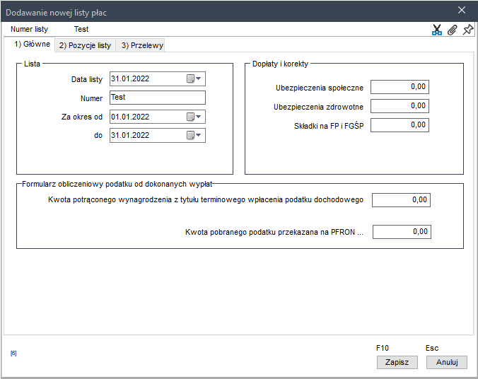 WAPRO Kaper. Okno - Dodawanie nowej listy płac