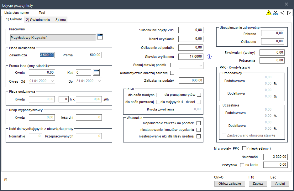 WAPRO Kaper. Okno Edycja list płac, zakładka: &quot;1) Główne&quot;