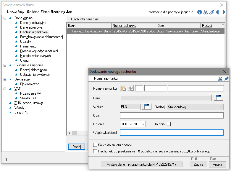 WAPRO Kaper. Okno edycji danych firmy, rachunki bankowe