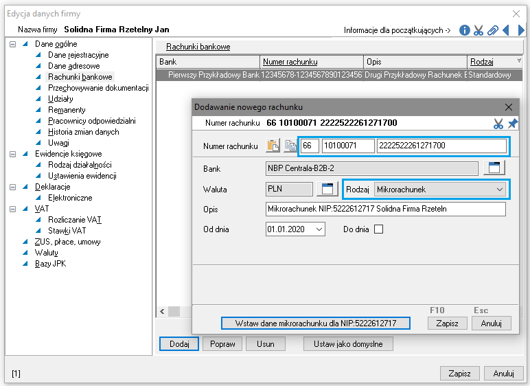 WAPRO Kaper. Okno edycji danych firmy, dodanie nowego rachunku, wstawianie numeru mikrorachunku