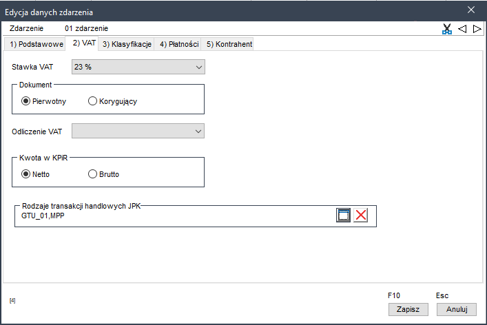 WAPRO Kaper. Okno - Edycja danych zdarzenia, Zakładka: 2) Typ VAT