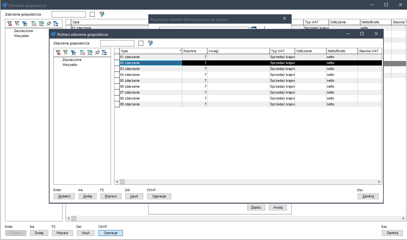 WAPRO Kaper. Okno - Zdarzenia gospodarcze, przypisywanie skrótów klawiaturowych do zdarzeń, wybieranie zdarzenia