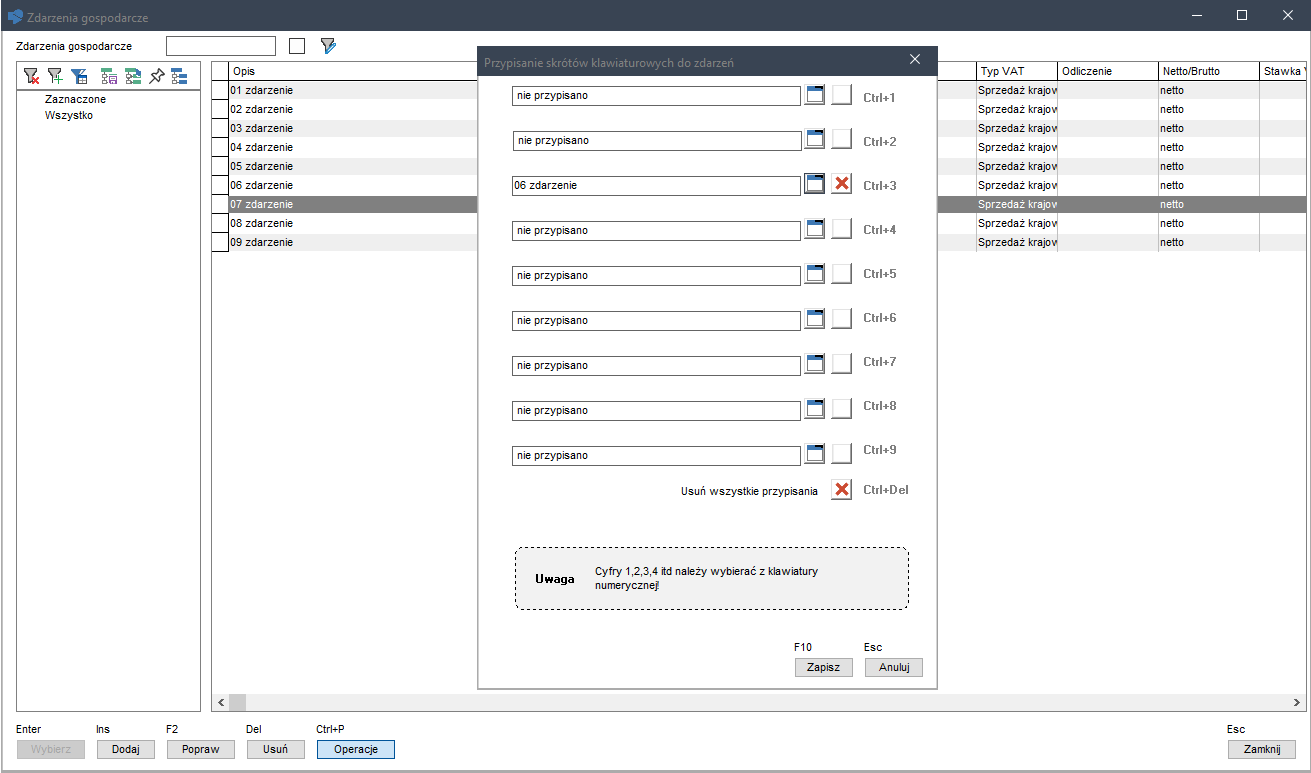 WAPRO Kaper. Okno - Zdarzenia gospodarcze, przypisywanie skrótów klawiaturowych do zdarzeń, wybrane zdarzenie