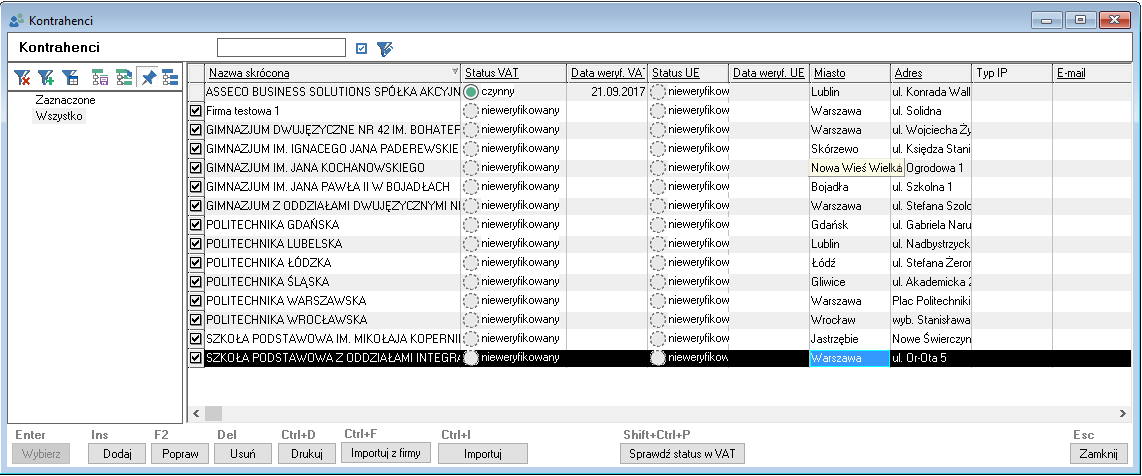 WAPRO Kaper. Okno - Kontrahenci z zaznaczonymi pozycjami do grupowej weryfikacji statusu VAT