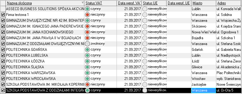 WAPRO Kaper. Okno - Kontrahenci z pozycjami po grupowej weryfikacji statusu VAT