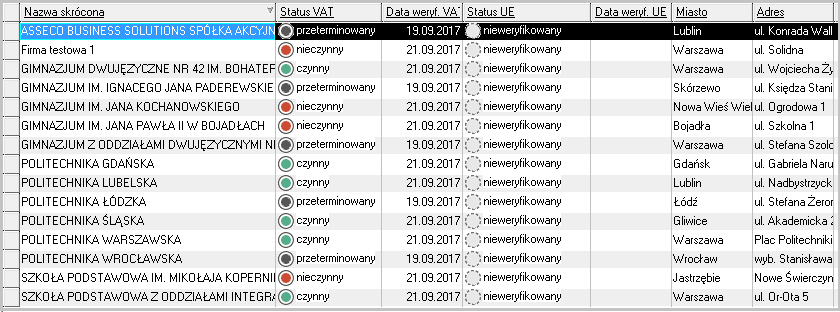 WAPRO Kaper. Przykład listy kontrahentów, wśród których znajdują się pozycje ze statusem przeterminowane