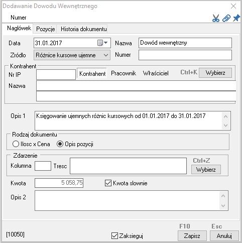 WAPRO Kaper. Okno - dodawanie dokumentu wewnętrznego