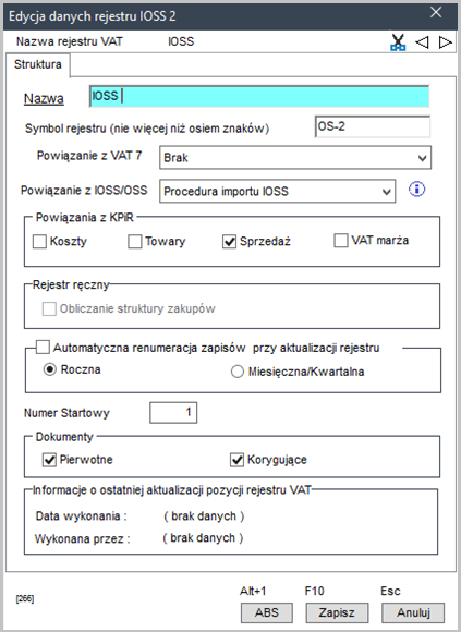 WAPRO Kaper. Okno - Edycja rejestru IOSS 2