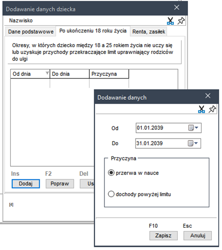 WAPRO Kaper. Okno - Dodawanie danych dziecka, zakładka: Po ukończeniu 18 roku życia, dodawanie danych