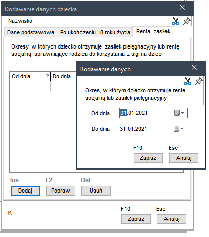 WAPRO Kaper. Okno - Dodawanie danych dziecka, zakładka: Renta, zasiłek, dodawanie danych