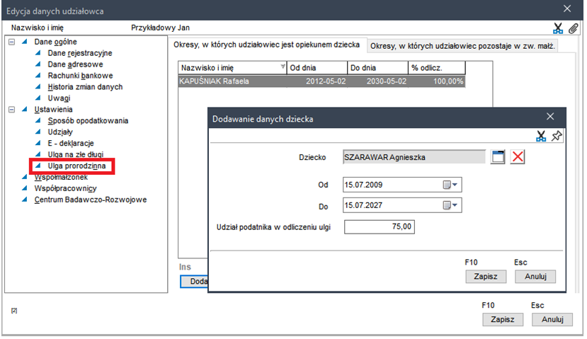 WAPRO Kaper. Okno - Edycja danych udziałowca, zakładka: Okresy, w których udziałowiec jest opiekunem dziecka, przypisywanie dziecka do udziałowca