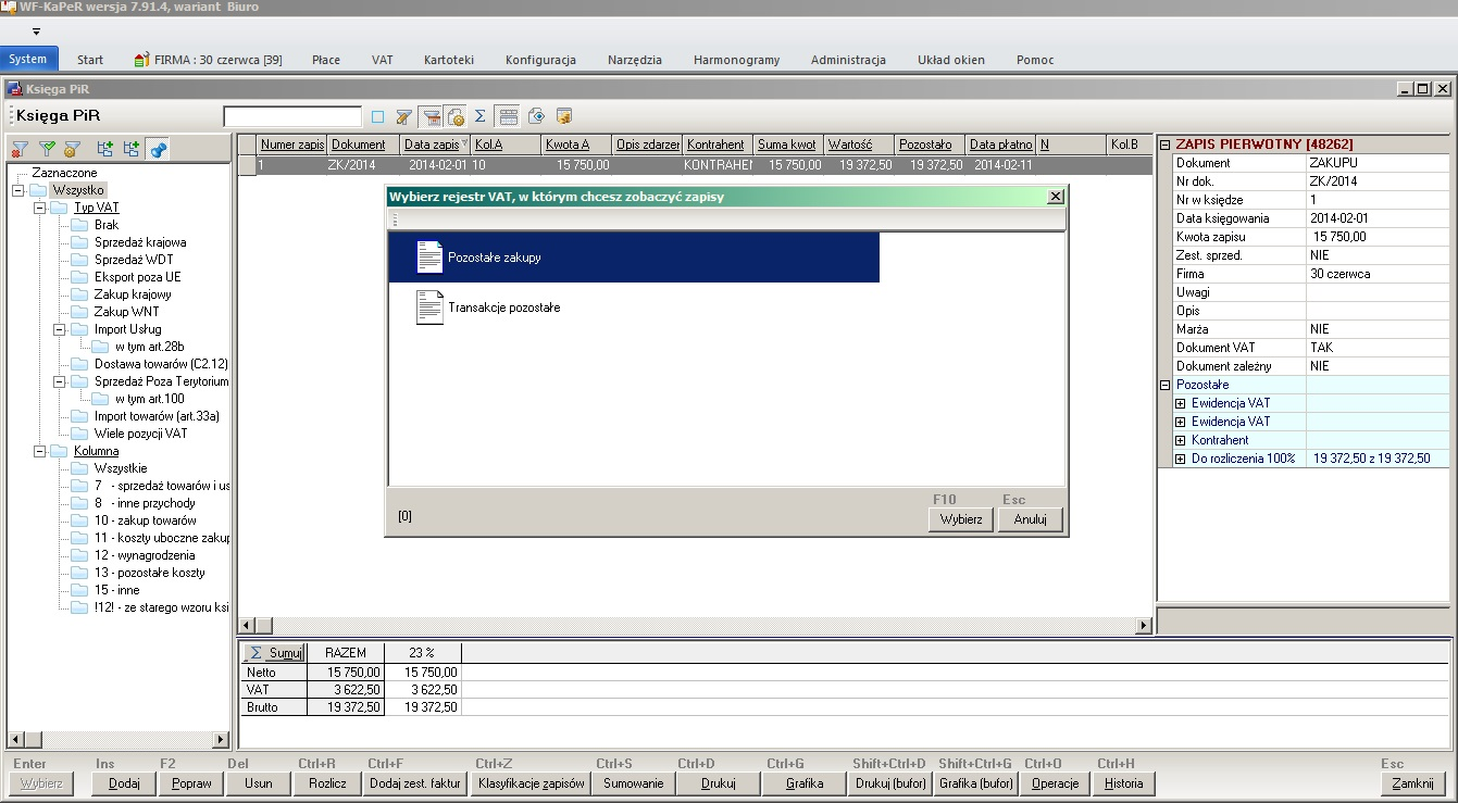 WAPRO Kaper. Wybór rejestru do podglądu pozycji VAT dokumentu