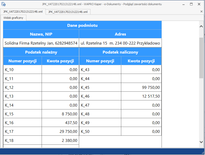 WAPRO Kaper. Przykładowy podgląd pliku JPK_V7