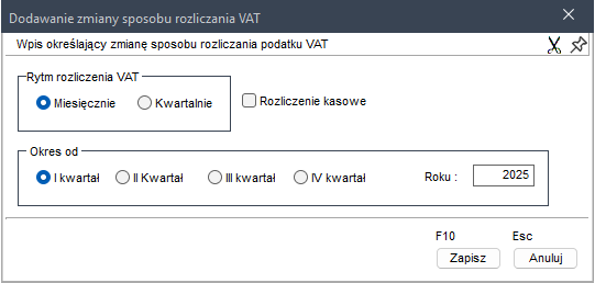 WAPRO Kaper. Okno edycji danych firmy – zmiana sposobu rozliczenia