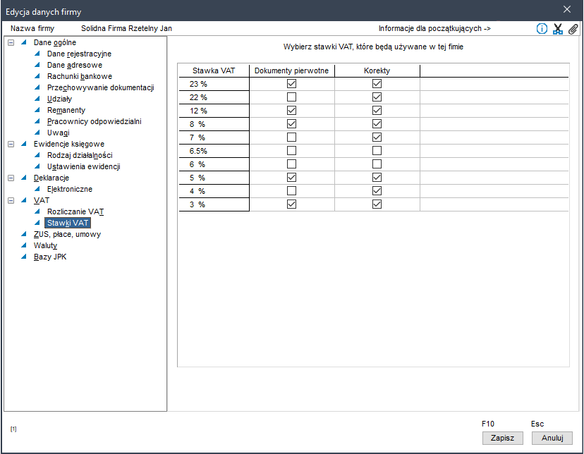 WAPRO Kaper. Okno edycji danych firmy – rozliczenie VAT, stawki VAT