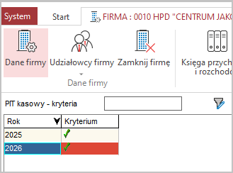 Wapro Kaper - Rejestr dopuszczenia metody kasowej PIT w latach obrotowych programu