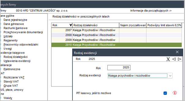 Wapro Kaper - Formatka &quot;Dane firmy | Sekcja: Rodzaj ewidencji&quot; - opcja właczania PIT kasowy