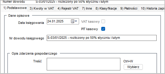 Wapro Kaper - Formatka dokumentu w księdze z oznaczeniem jako rozliczany metodą kasową PIT