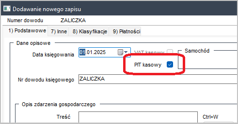 Wapro Kaper - Metoda kasowa PIT - Formatka &quot;Dodawanie nowego zapisu&quot; - przykład oznaczonego dokumentu metody kasowej
