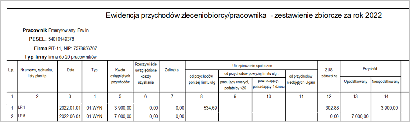 WAPRO Kaper. &quot;Zestawienie zbiorcze&quot; - przykład