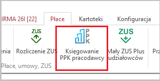 WAPRO Kaper. Fragment głównego menu programu, zakładka: Płace, polecenie: Księgowanie PPK pracodawcy