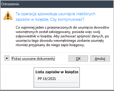 WAPRO Kaper. Komunikat, przy próbie usunięcia dowodu wewnętrznego