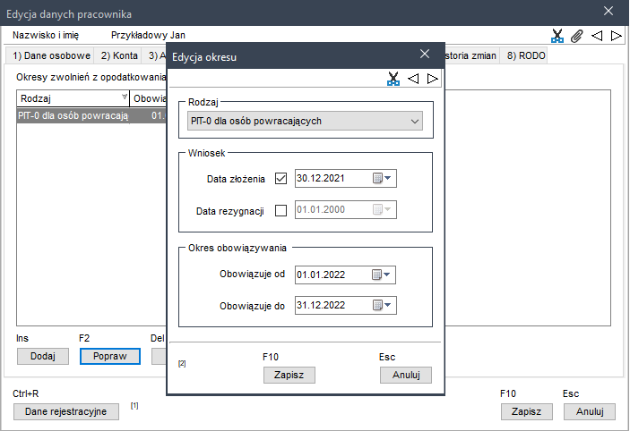 WAPRO Kaper. Okno - Edycja danych pracownika, edycja okresu