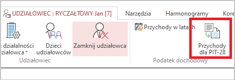 WAPRO Kaper. Główne menu programu, polecenie: Przychody dla PIT-28