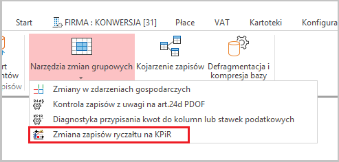 WAPRO Kaper. Główne menu, polecenie: Narzędzia zmian grupowych, Zmiana zapisów ryczałtu na KPiR