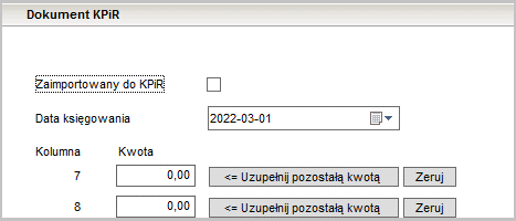 WAPRO Kaper. Okno - Edycja zapisu, Dokument KPiR