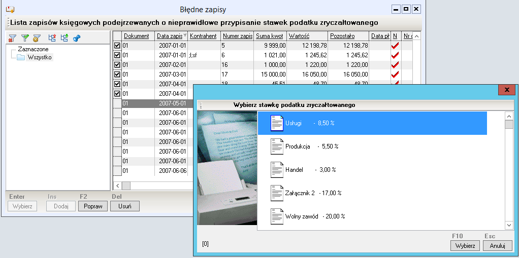 WAPRO Kaper. Okno - Błędne zapisy, wybór stawki ryczałtu