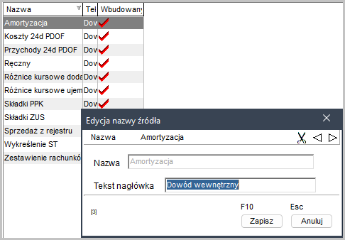 WAPRO Kaper. Okno - Źródło dowodów wewn.