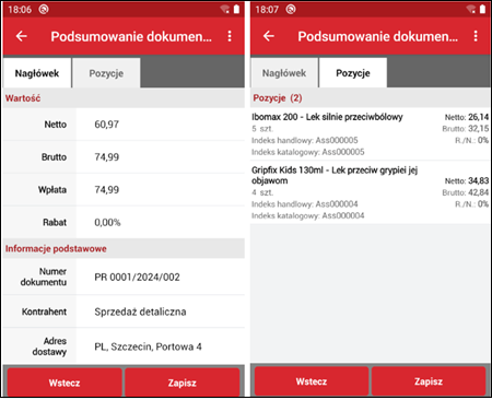 Wapro mobilny handlowiec szczegóły pozycji