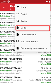 Wapro mobilny handlowiec dokumenty finansowe lista