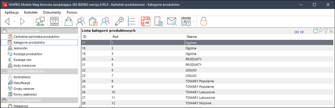 wapro mobilny handlowiec menu podstawowe