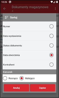 Wapro mobilny magazynier dokumenty sortowanie